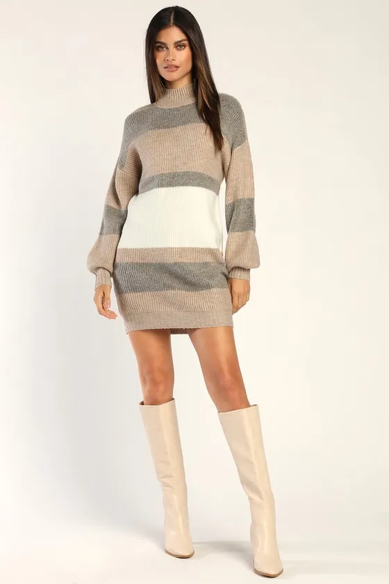Casually Comfy Taupe Multi Striped Mock Neck Sweater Dress sold by Lulus