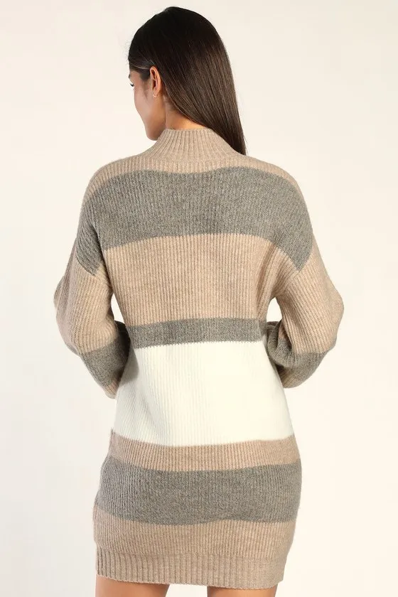 Casually Comfy Taupe Multi Striped Mock Neck Sweater Dress sold by Lulus product image thumbnail 3
