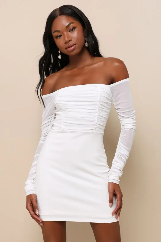 Elegant Eternity White Mesh Ruched Off-the-Shoulder Mini Dress sold by Lulus