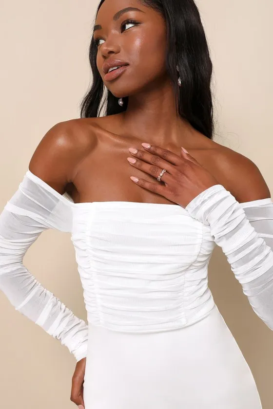 Elegant Eternity White Mesh Ruched Off-the-Shoulder Mini Dress sold by Lulus product image thumbnail 4