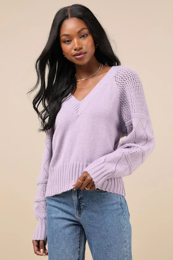 Trend Maker Lavender Pointelle Knit V-Neck Sweater sold by Lulus product image thumbnail 2