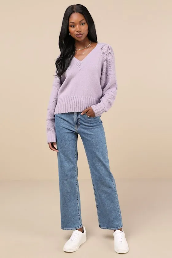Trend Maker Lavender Pointelle Knit V-Neck Sweater sold by Lulus product image thumbnail 4