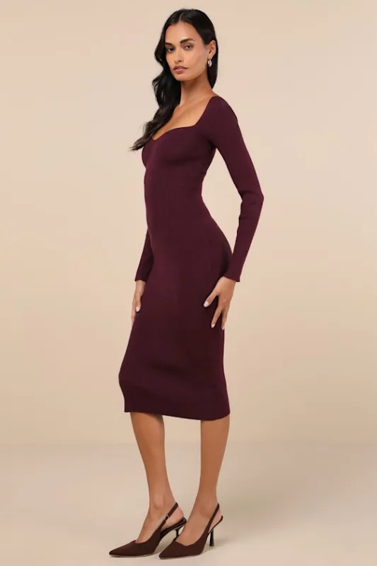Fall Feelings Plum Purple Ribbed Bodycon Midi Dress sold by Lulus