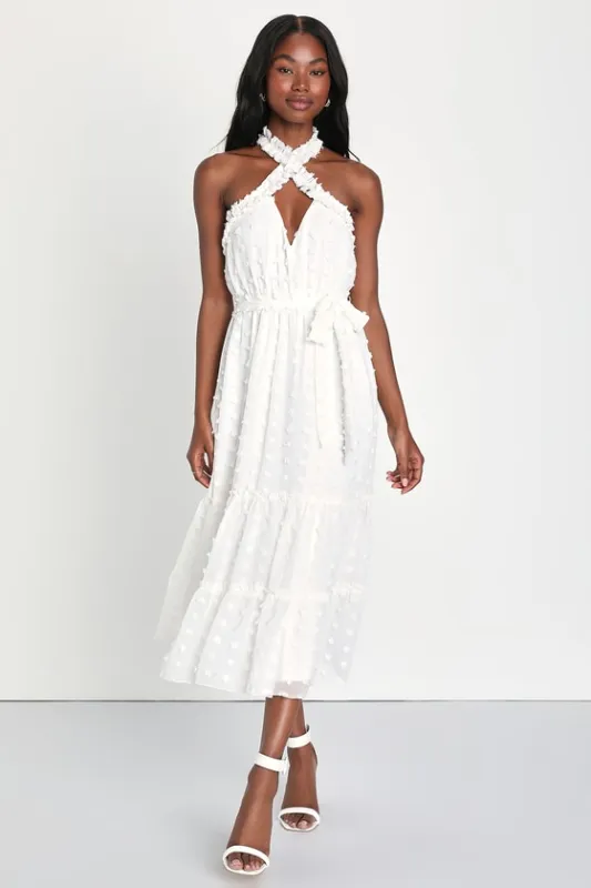 Sensational Essence White Clip Dot Tiered Halter Midi Dress sold by Lulus