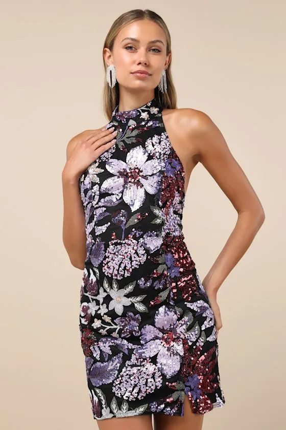 Gorgeous Shine Black Multi Floral Sequin Backless Mini Dress sold by Lulus