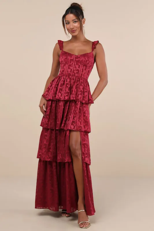 Stunning Glory Wine Red Floral Jacquard Tiered Maxi Dress sold by Lulus