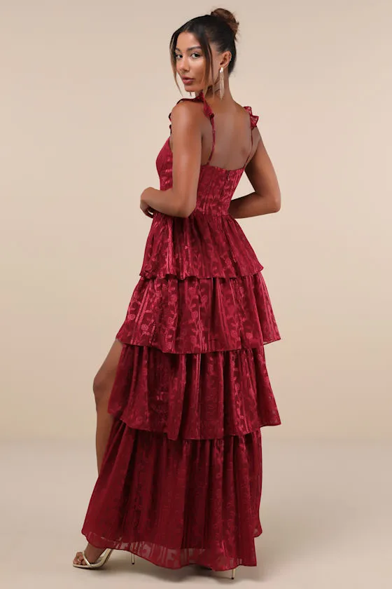 Stunning Glory Wine Red Floral Jacquard Tiered Maxi Dress sold by Lulus product image thumbnail 2