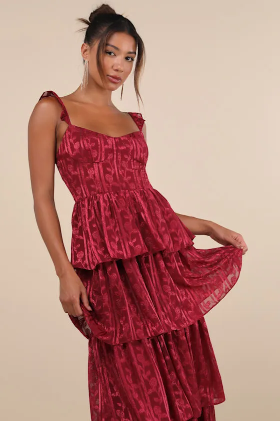 Stunning Glory Wine Red Floral Jacquard Tiered Maxi Dress sold by Lulus product image thumbnail 3