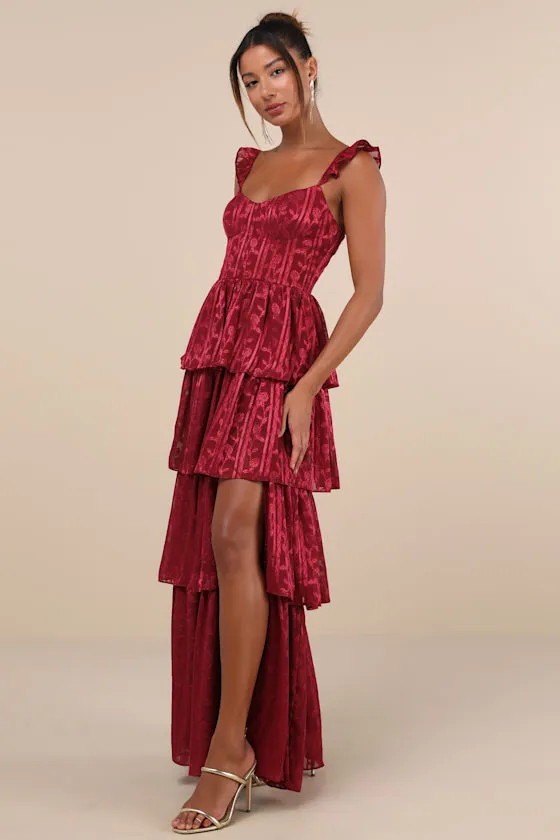 Stunning Glory Wine Red Floral Jacquard Tiered Maxi Dress sold by Lulus product image thumbnail 4
