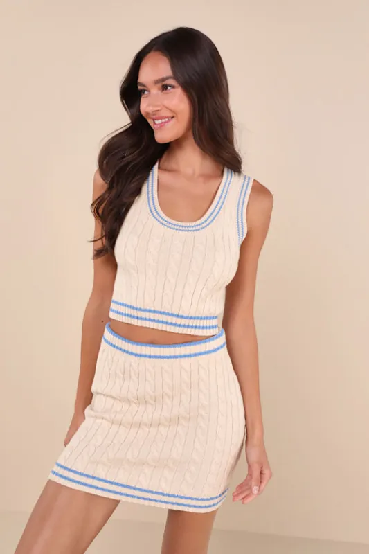 Upscale Crush Beige and Blue Cable Knit Two-Piece Mini Dress sold by Lulus