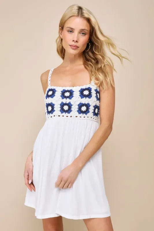 Sunny Essence White and Blue Crochet Lace-Up Mini Dress sold by Lulus