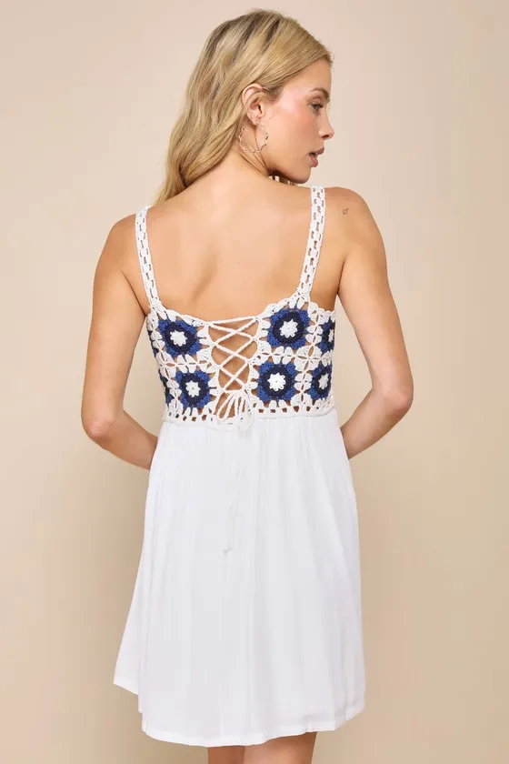 Sunny Essence White and Blue Crochet Lace-Up Mini Dress sold by Lulus product image thumbnail 2