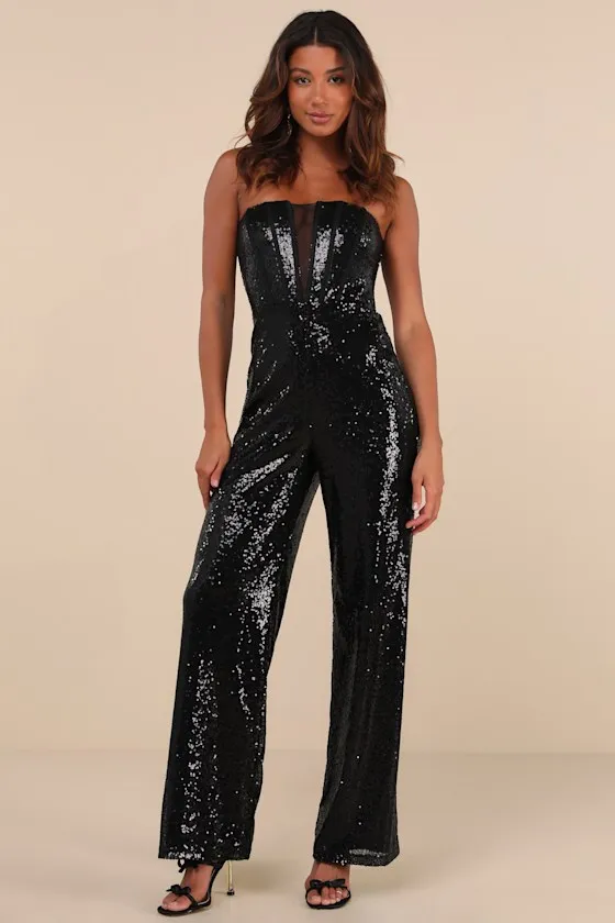 Glamorous Spirit Black Sequin Strapless Bustier Jumpsuit sold by Lulus