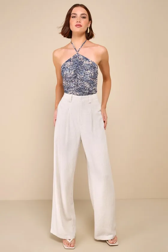 Coolest Status Blue Floral Abstract Mesh Ruched Halter Bodysuit sold by Lulus product image thumbnail 2