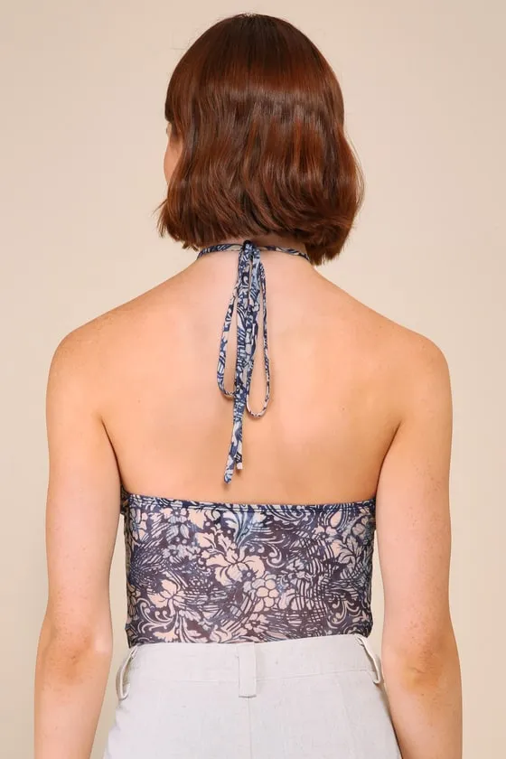 Coolest Status Blue Floral Abstract Mesh Ruched Halter Bodysuit sold by Lulus product image thumbnail 3