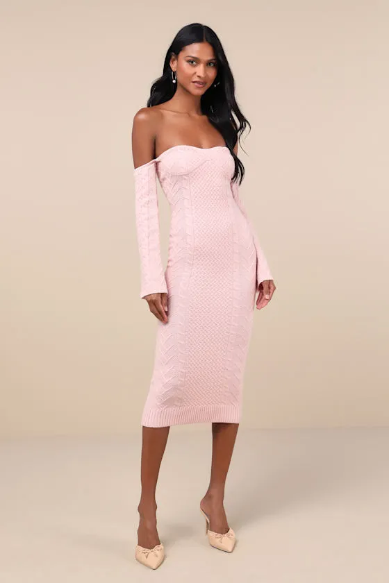 Cuddly Element Light Pink Cable Knit Off-the-Shoulder Midi Dress sold by Lulus