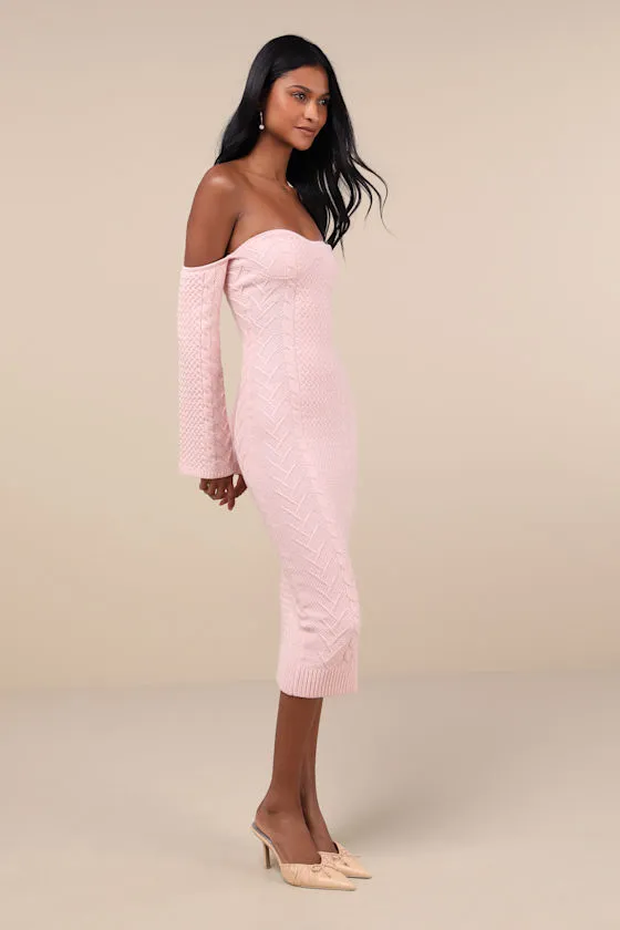 Cuddly Element Light Pink Cable Knit Off-the-Shoulder Midi Dress sold by Lulus product image thumbnail 4