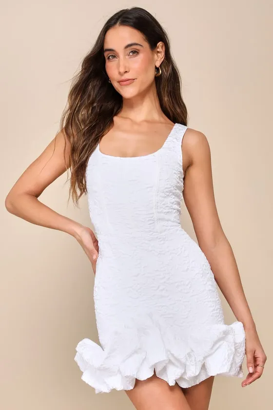 Extravagant Poise White Textured Jacquard Bubble-Hem Mini Dress sold by Lulus