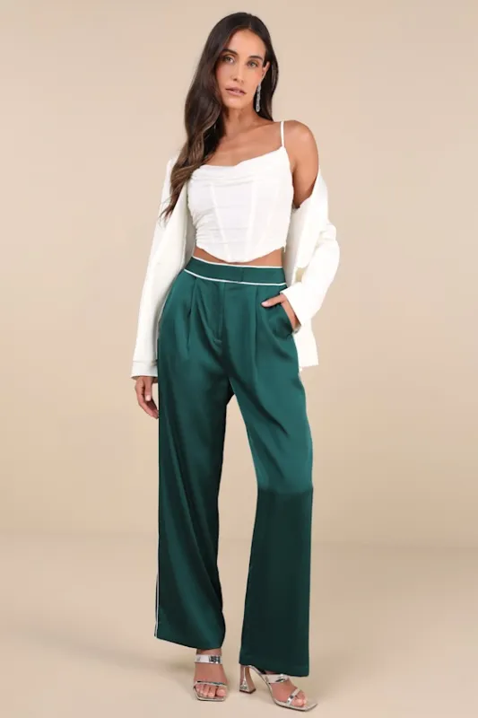Sophisticated Step Emerald Satin Wide-Leg High-Rise Pants sold by Lulus