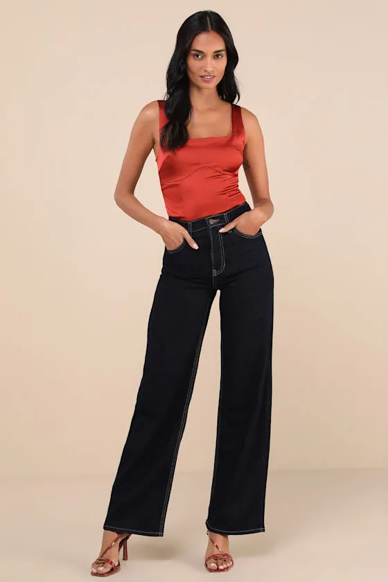 Effortlessly Influential Dark Wash High-Rise Wide-Leg Jeans sold by Lulus