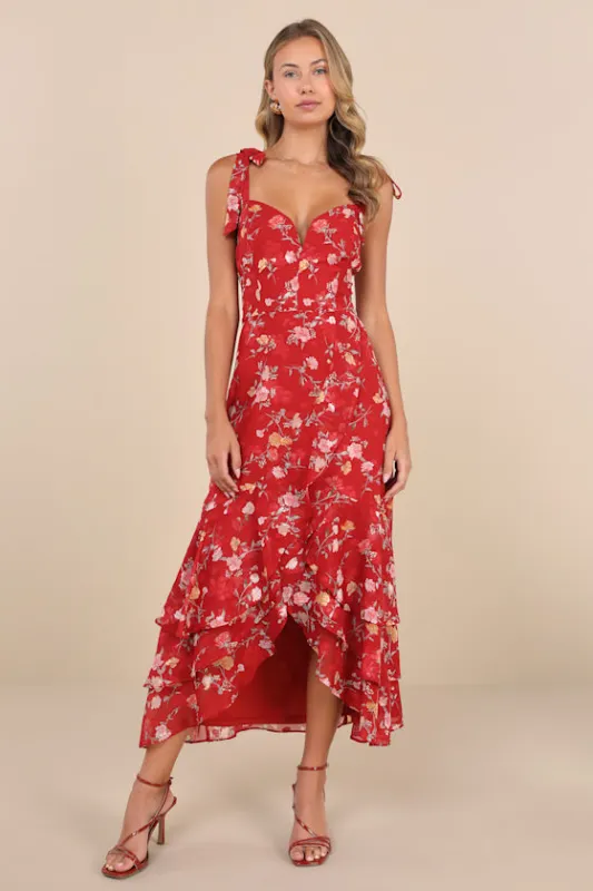 So Elevated Red Floral Jacquard Tie-Strap High-Low Midi Dress sold by Lulus