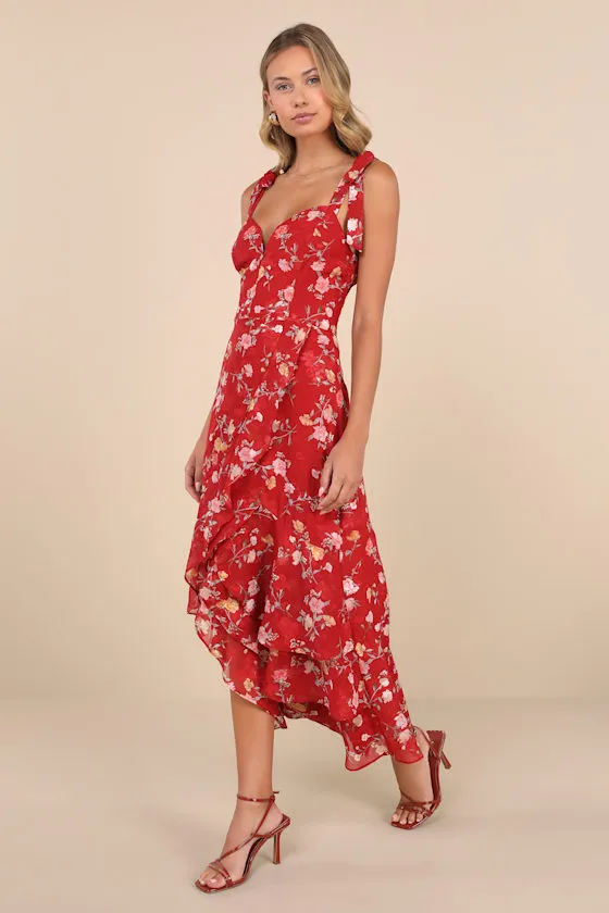 So Elevated Red Floral Jacquard Tie-Strap High-Low Midi Dress sold by Lulus product image thumbnail 2