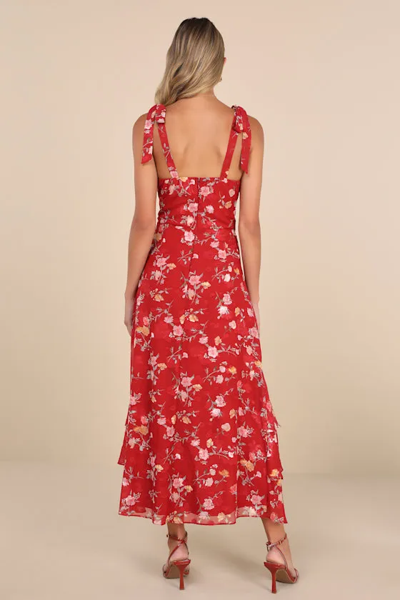 So Elevated Red Floral Jacquard Tie-Strap High-Low Midi Dress sold by Lulus product image thumbnail 3