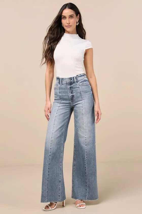 Rocky Light Wash Denim Seamed Wide-Leg Jeans sold by Lulus