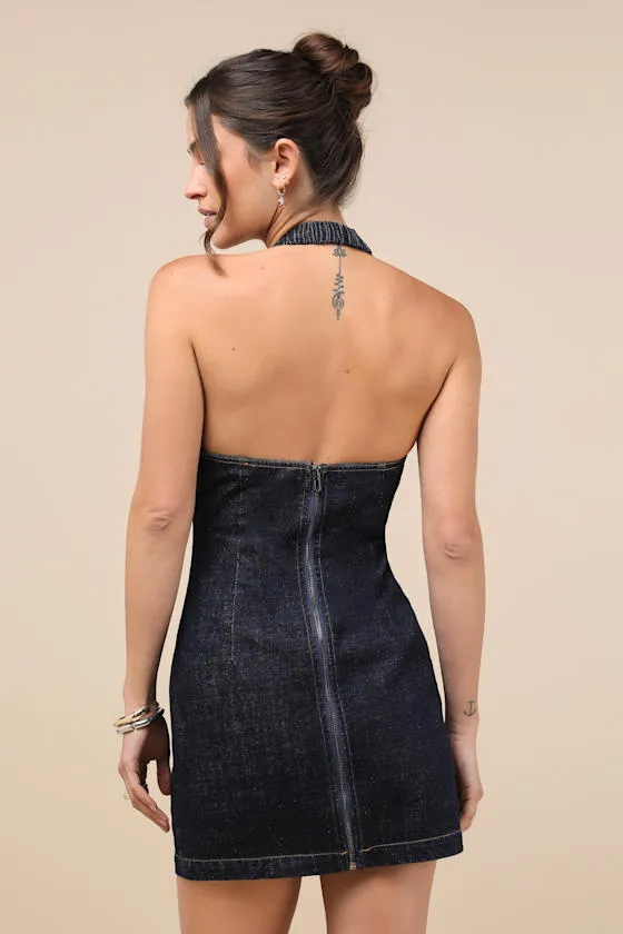 Trendy Statement Dark Wash Denim Cutout Halter Mini Dress sold by Lulus product image thumbnail 2