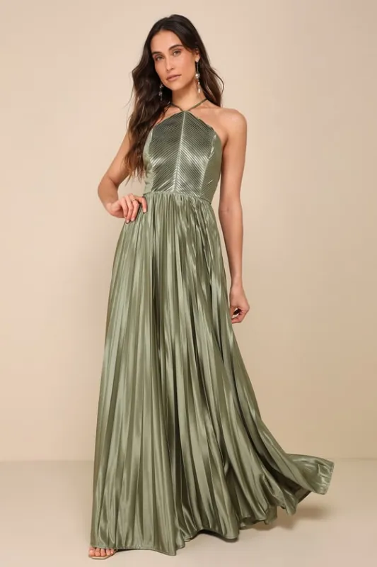 Elaborate Charm Olive Green Satin Pleated Backless Maxi Dress sold by Lulus