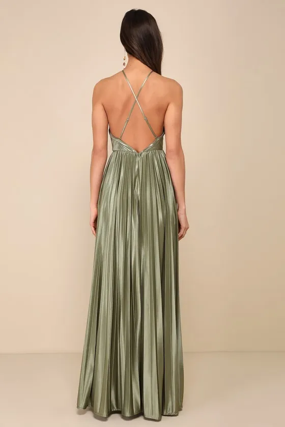 Elaborate Charm Olive Green Satin Pleated Backless Maxi Dress sold by Lulus product image thumbnail 2