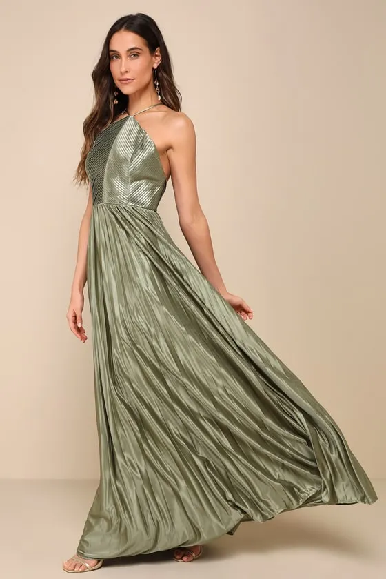 Elaborate Charm Olive Green Satin Pleated Backless Maxi Dress sold by Lulus product image thumbnail 3