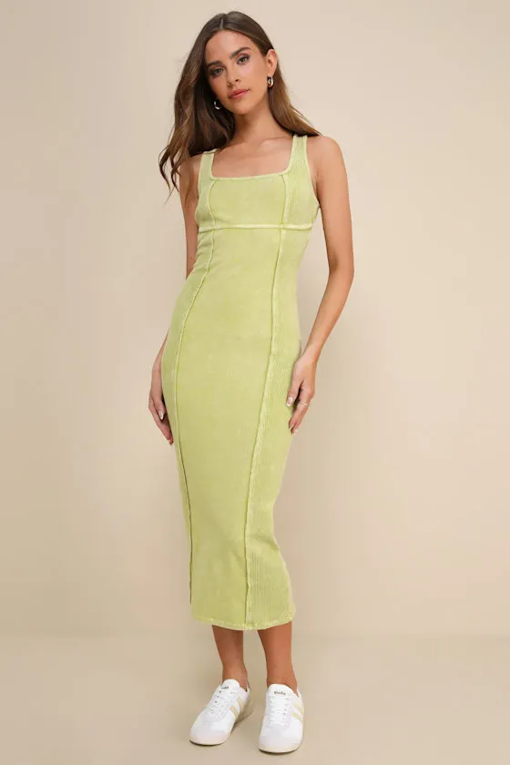 Memorable Instinct Lime Green Washed Ribbed Paneled Midi Dress sold by Lulus
