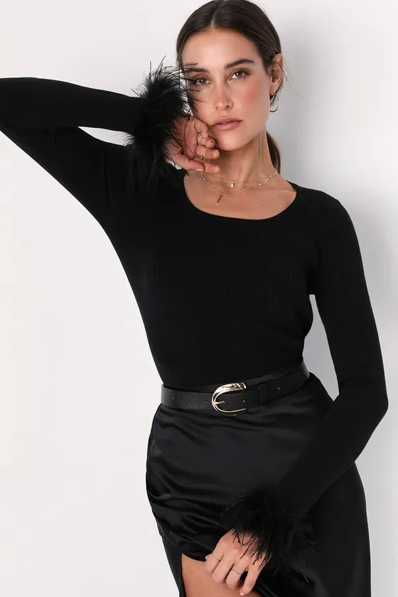 Material Girl Black Ribbed Feather Cuff Sweater Top sold by Lulus