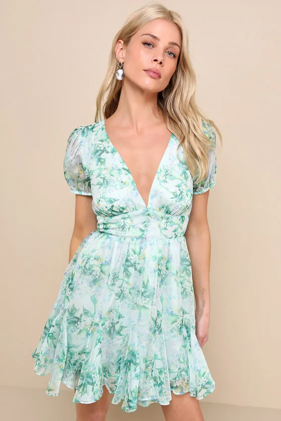 Adored Behavior Light Green Floral Cutout Puff Sleeve Mini Dress sold by Lulus