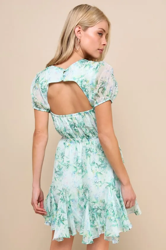 Adored Behavior Light Green Floral Cutout Puff Sleeve Mini Dress sold by Lulus product image thumbnail 2