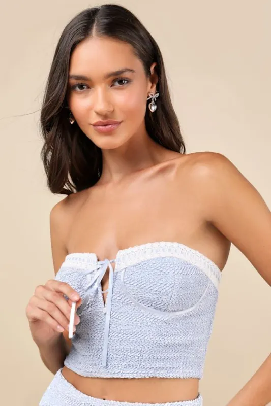 Trendsetting Flirt Light Blue Crinkled Strapless Bustier Bow Top sold by Lulus