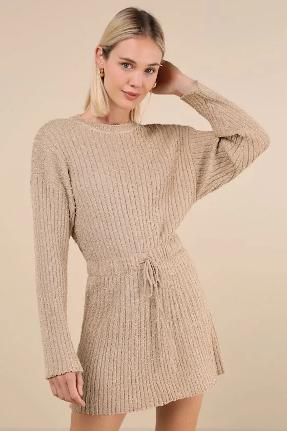 Considerable Charm Tan Boucle Knit Sweater Mini Dress sold by Lulus