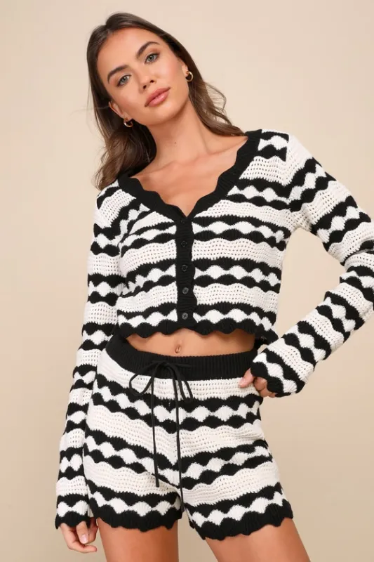 Stylish Bliss Ivory and Black Striped Crochet Cardigan sold by Lulus