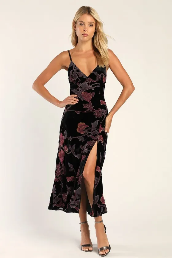 Divine Allure Black Floral Burnout Velvet Midi Dress sold by Lulus