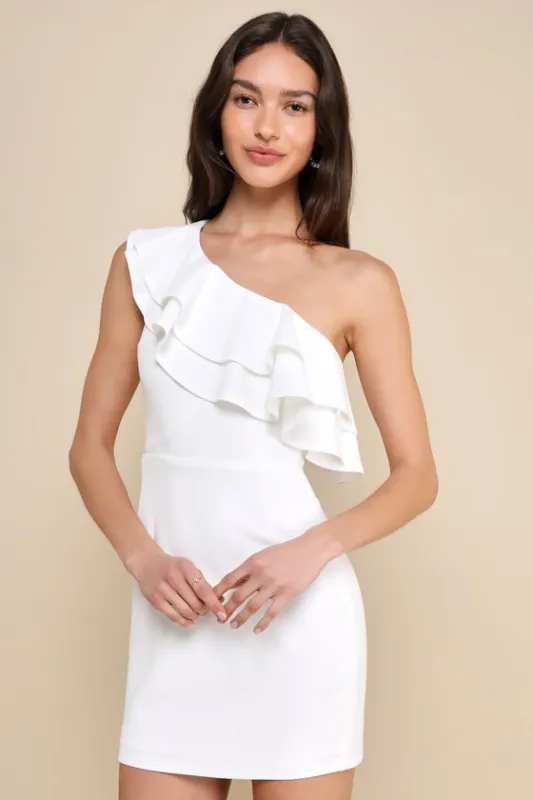 Enticing Behavior White Ruffled One-Shoulder Mini Dress sold by Lulus