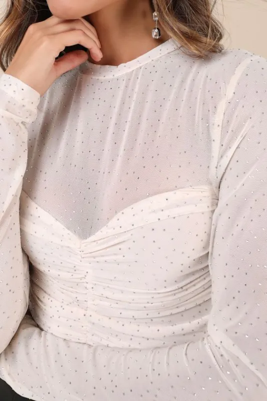 Ever So Lively Cream Mesh Rhinestone Ruched Long Sleeve Bodysuit sold by Lulus