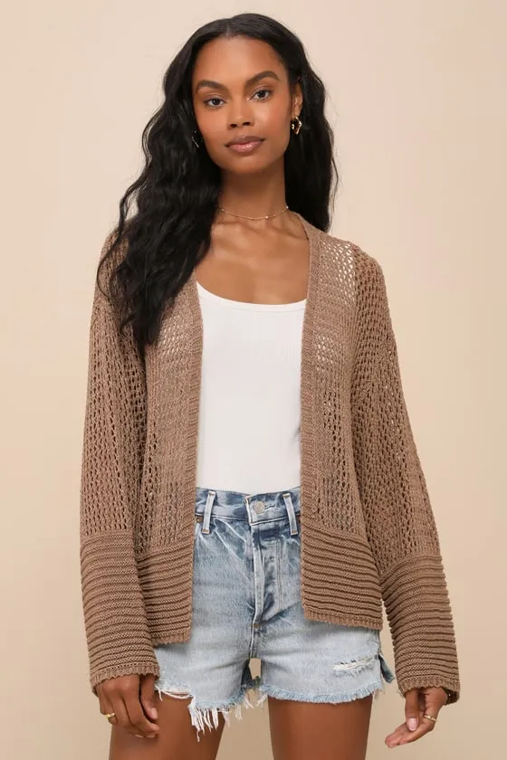 Effortless Finish Brown Sheer Loose-Knit Cardigan Sweater sold by Lulus