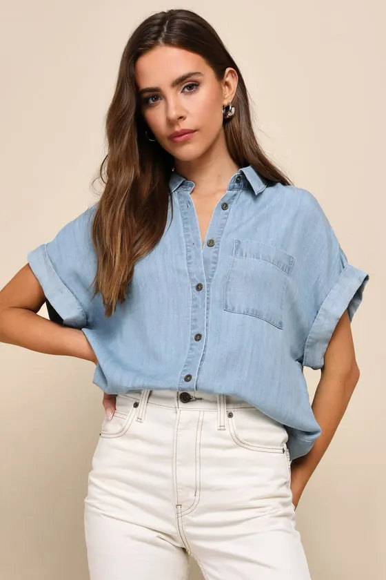 Consistently Confident Blue Chambray Collared Button-Up Top sold by Lulus