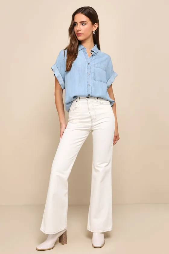 Consistently Confident Blue Chambray Collared Button-Up Top sold by Lulus product image thumbnail 3