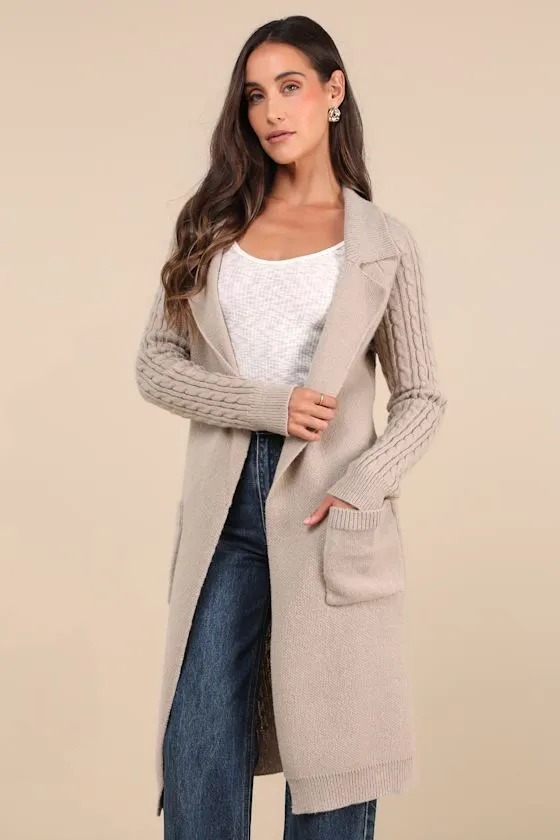 Cozy Effect Taupe Cable Knit Duster Cardigan sold by Lulus