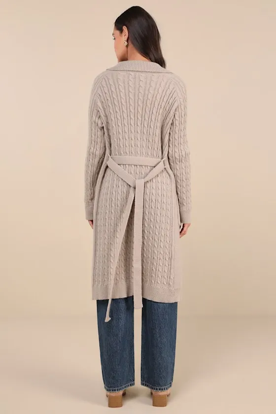 Cozy Effect Taupe Cable Knit Duster Cardigan sold by Lulus product image thumbnail 2