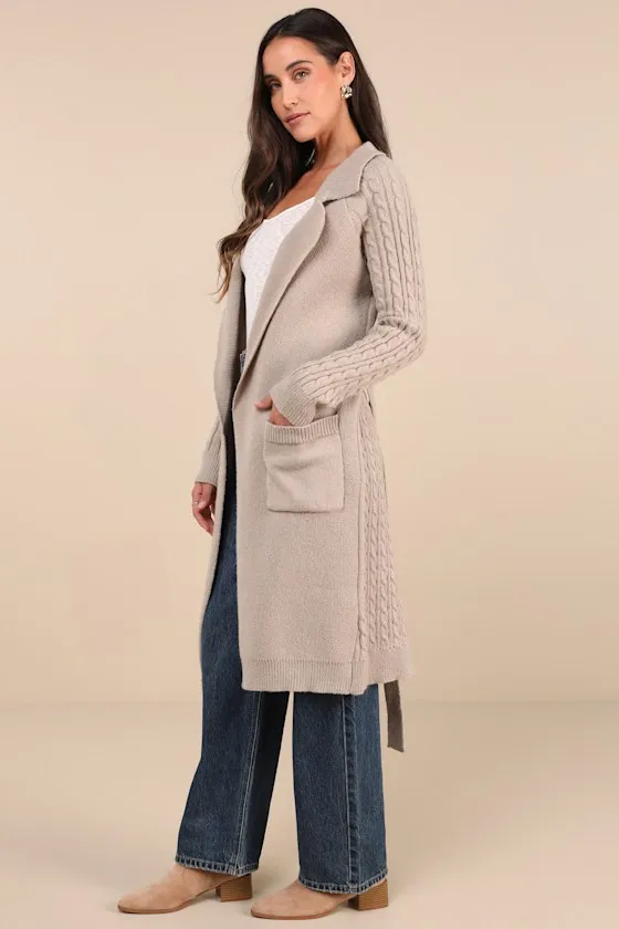 Cozy Effect Taupe Cable Knit Duster Cardigan sold by Lulus product image thumbnail 4