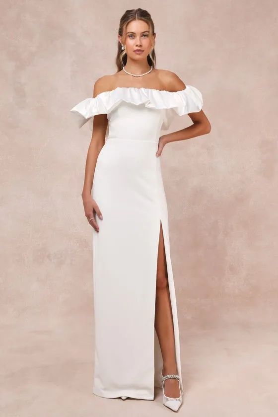 Sincerely Passionate White Ruffled Off-the-Shoulder Maxi Dress sold by Lulus