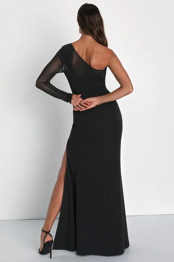 Stunning Essence Black Mesh One-Shoulder Mermaid Maxi Dress sold by Lulus product image thumbnail 2